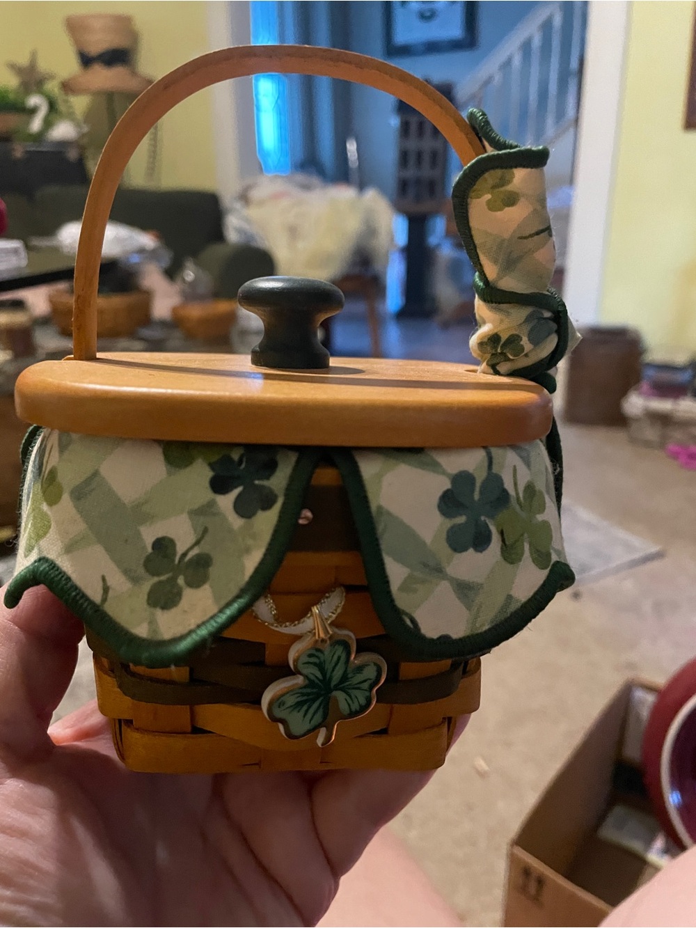 Longaberger Wood Sewing Basket with Green Shamrock Trim